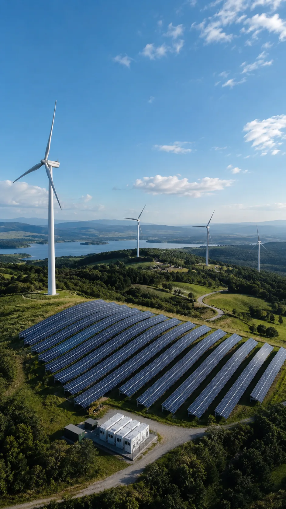 Fotovoltaická elektrárna, větrné turbíny a bateriová akumulace v krajině